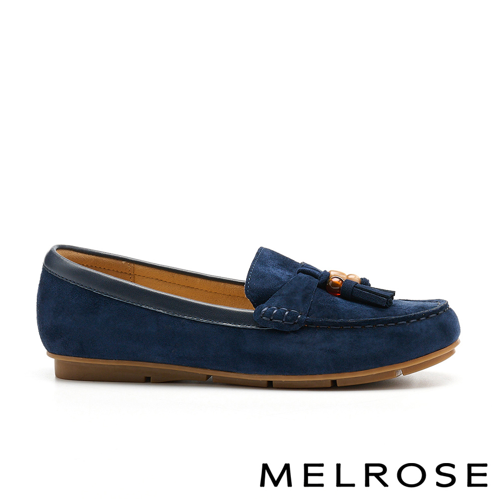 MELROSE 美樂斯 日常百搭雙色琉璃圓珠流蘇羊麂皮樂福平底鞋－藍