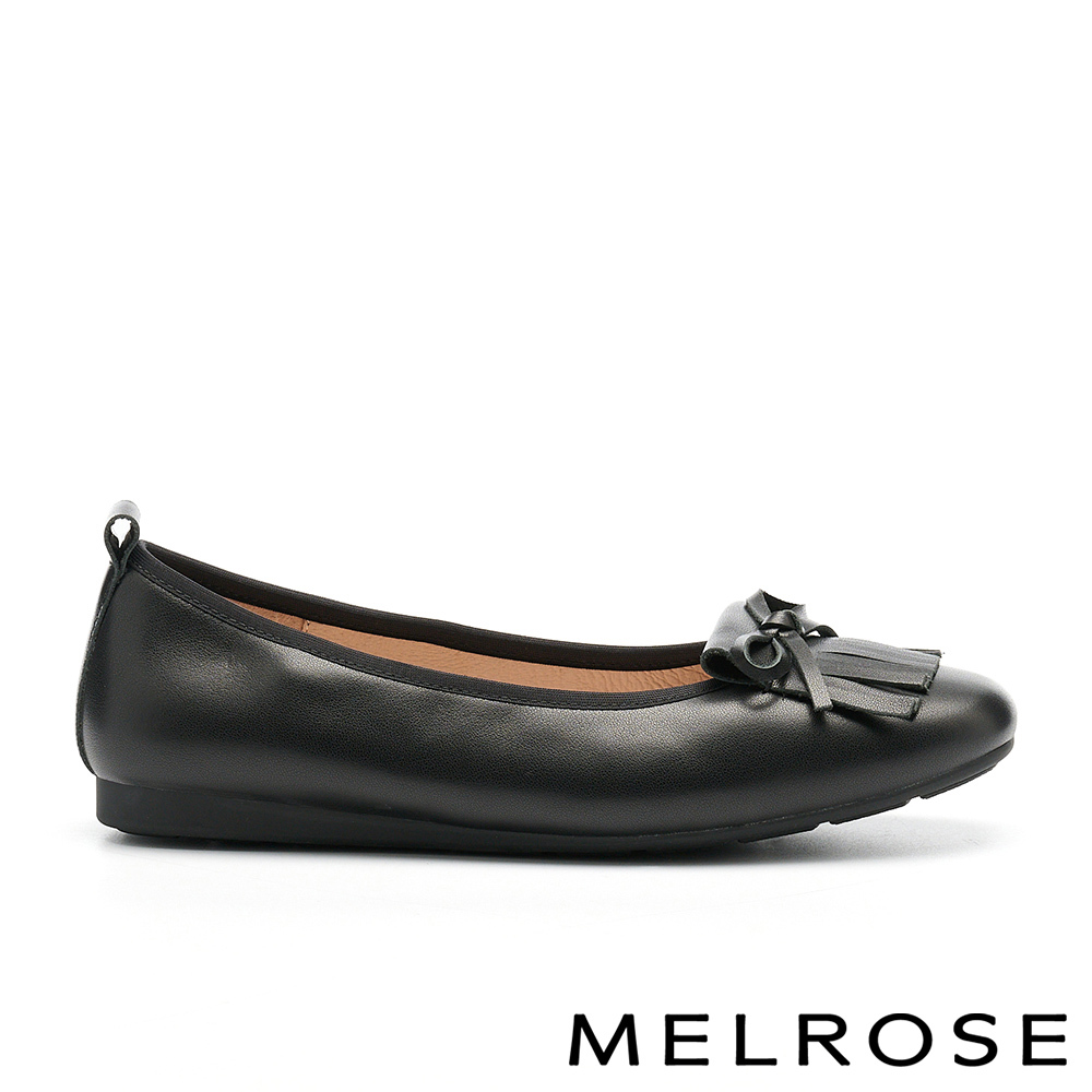 MELROSE 美樂斯 復古氣質蝴蝶結流蘇牛皮圓頭平底鞋－黑