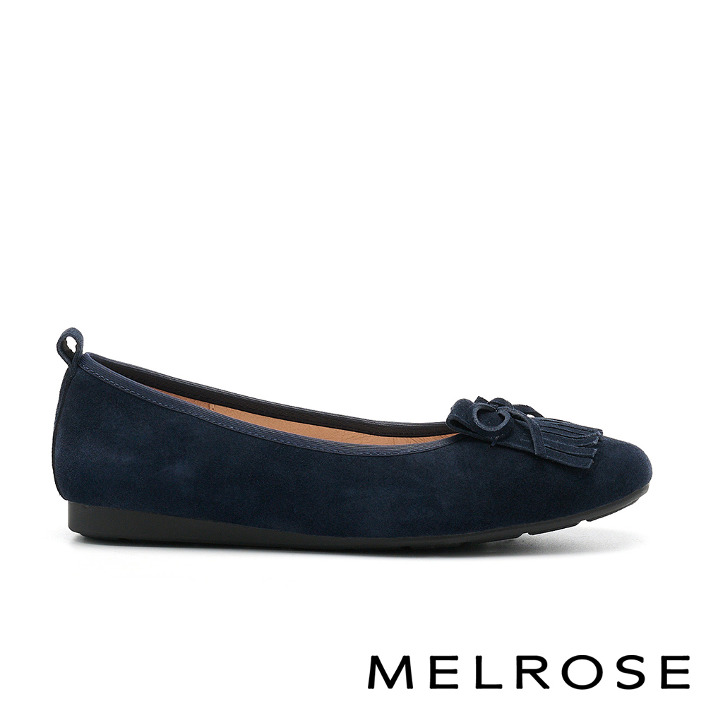 MELROSE 美樂斯 復古氣質蝴蝶結流蘇牛麂皮圓頭平底鞋－藍