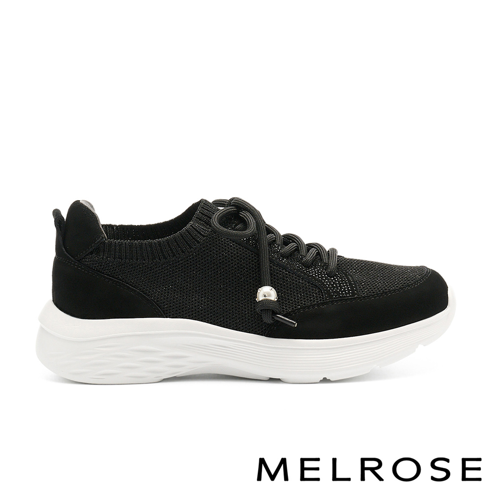 MELROSE 美樂斯 精緻率性異材質晶鑽珍珠綁帶厚底休閒鞋－黑