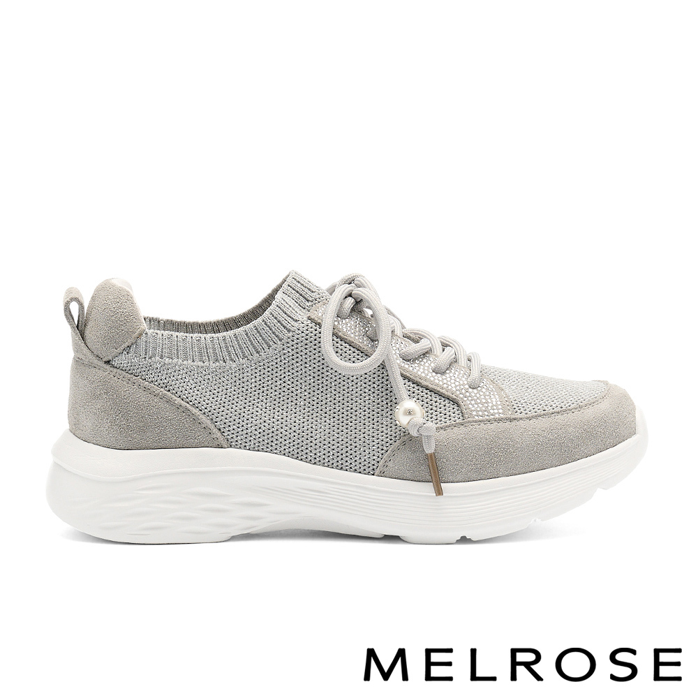 MELROSE 美樂斯 精緻率性異材質晶鑽珍珠綁帶厚底休閒鞋－灰