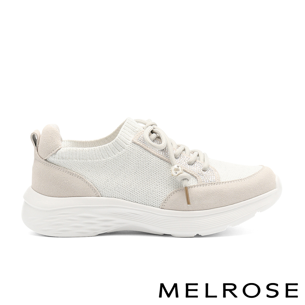 MELROSE 美樂斯 精緻率性異材質晶鑽珍珠綁帶厚底休閒鞋－米白