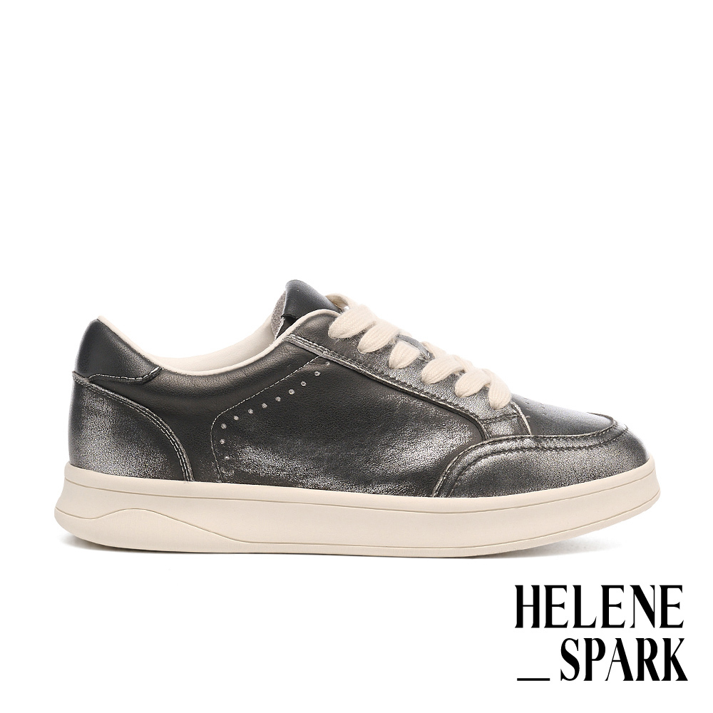 HELENE_SPARK 簡約率性純色全真皮綁帶厚底休閒鞋－黑