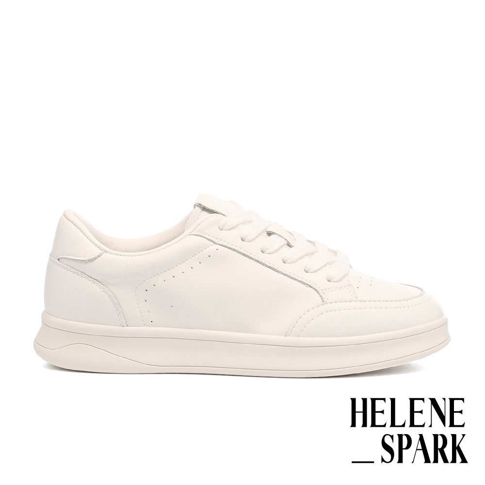 休閒鞋 HELENE_SPARK 簡約率性純色全真皮綁帶厚底休閒鞋－白