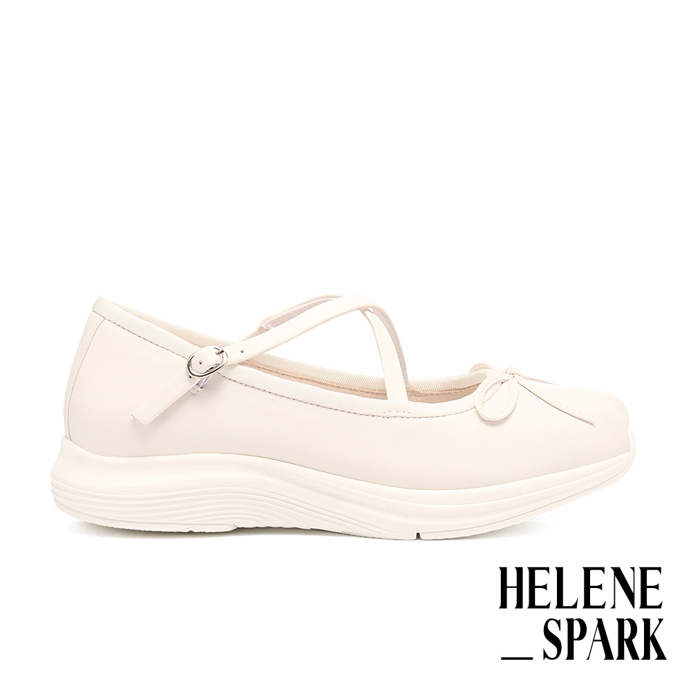 HELENE_SPARK 率性優雅蝴蝶結交叉繫帶羊皮瑪莉珍厚底休閒鞋－米白