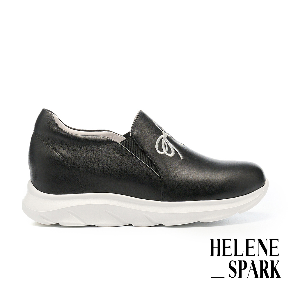HELENE_SPARK 率性甜美蝴蝶結電繡全真皮內增高厚底休閒鞋－黑
