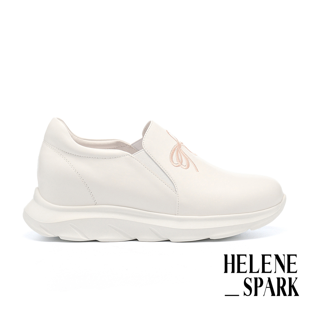 HELENE_SPARK 率性甜美蝴蝶結電繡全真皮內增高厚底休閒鞋－白