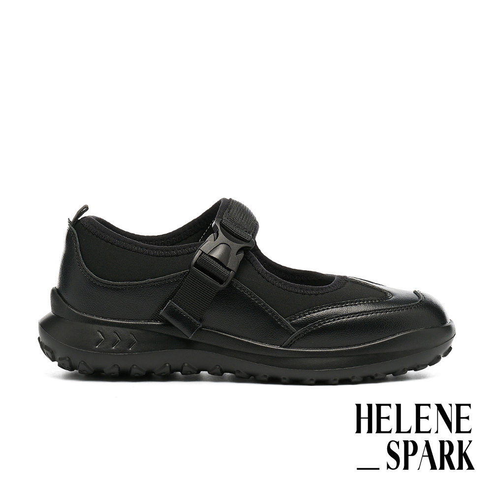HELENE_SPARK 個性時尚插扣織帶異材質瑪莉珍厚底休閒鞋－黑