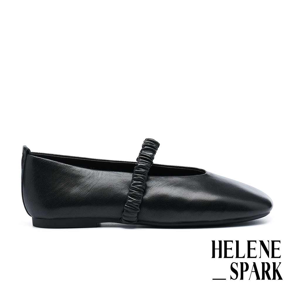 HELENE_SPARK 簡約舒柔抓皺寬帶油蠟軟羊皮瑪莉珍平底鞋－黑