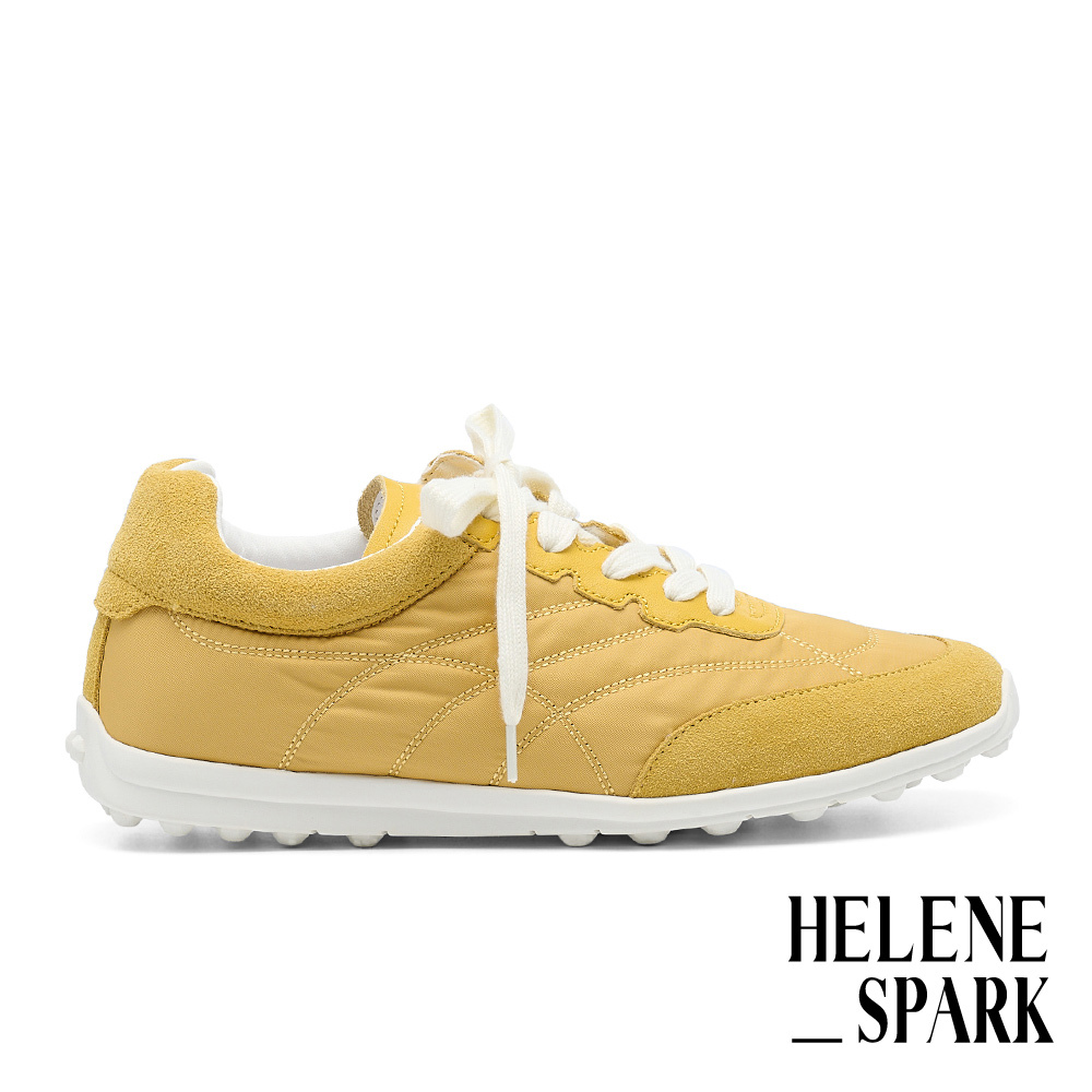 HELENE_SPARK 美式復古LOGO愛心釦異材質綁帶薄底休閒鞋－黃