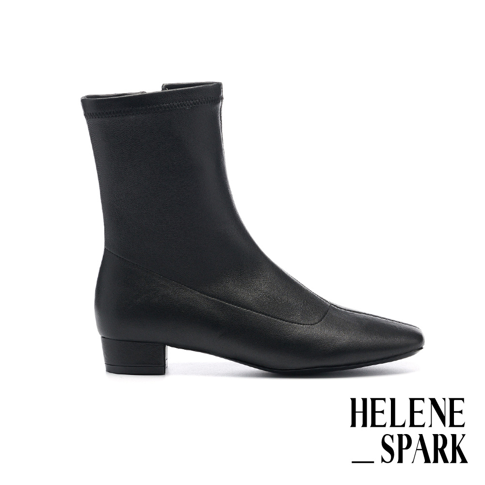 HELENE_SPARK 極簡品味純色彈力羊皮方頭低跟短靴－黑