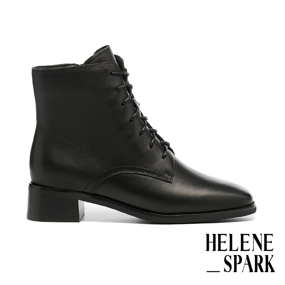 HELENE_SPARK 簡約時髦純色羊皮綁帶方頭高跟短靴－黑