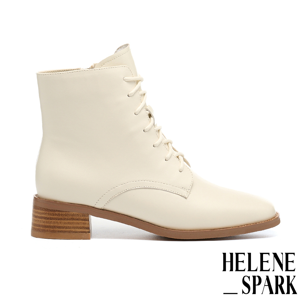 HELENE_SPARK 簡約時髦純色羊皮綁帶方頭高跟短靴－米白