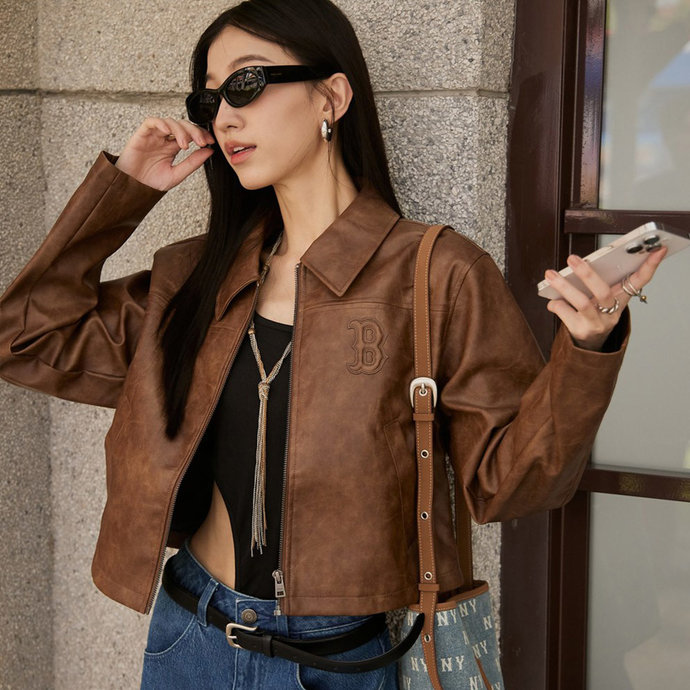 MLB Korea MLB 女版 皮革外套 短版外套 復古夾克 波士頓紅襪隊 (3FJKB0254-