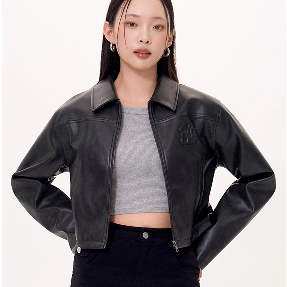 MLB 女版 皮革外套 短版外套 復古夾克 紐約洋基隊 (3FJKB0254-50BKS)