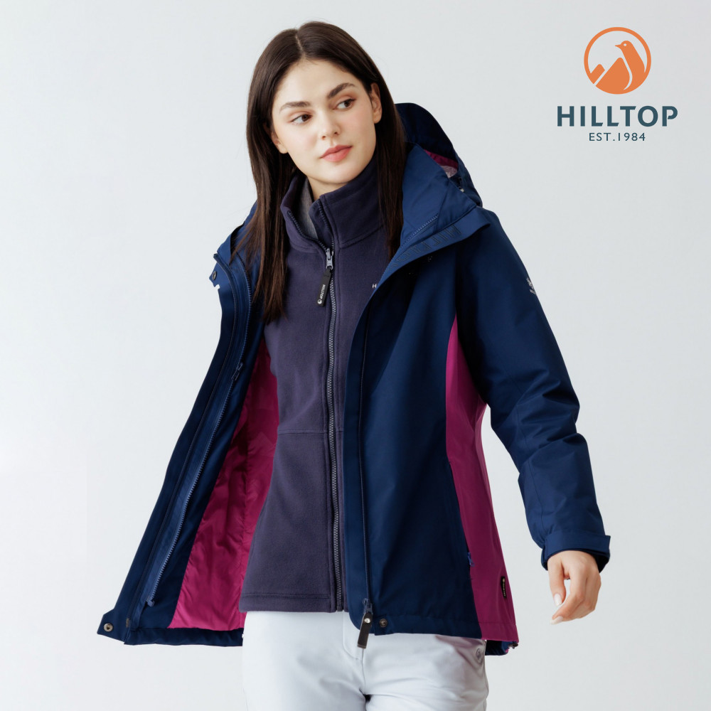 【Hilltop山頂鳥】GORE-TEX單件式 施華洛世奇水鑽防水防風透氣短大衣外套(可銜接內件) 女款 藍拼紫 | PH22XF28ECEJ