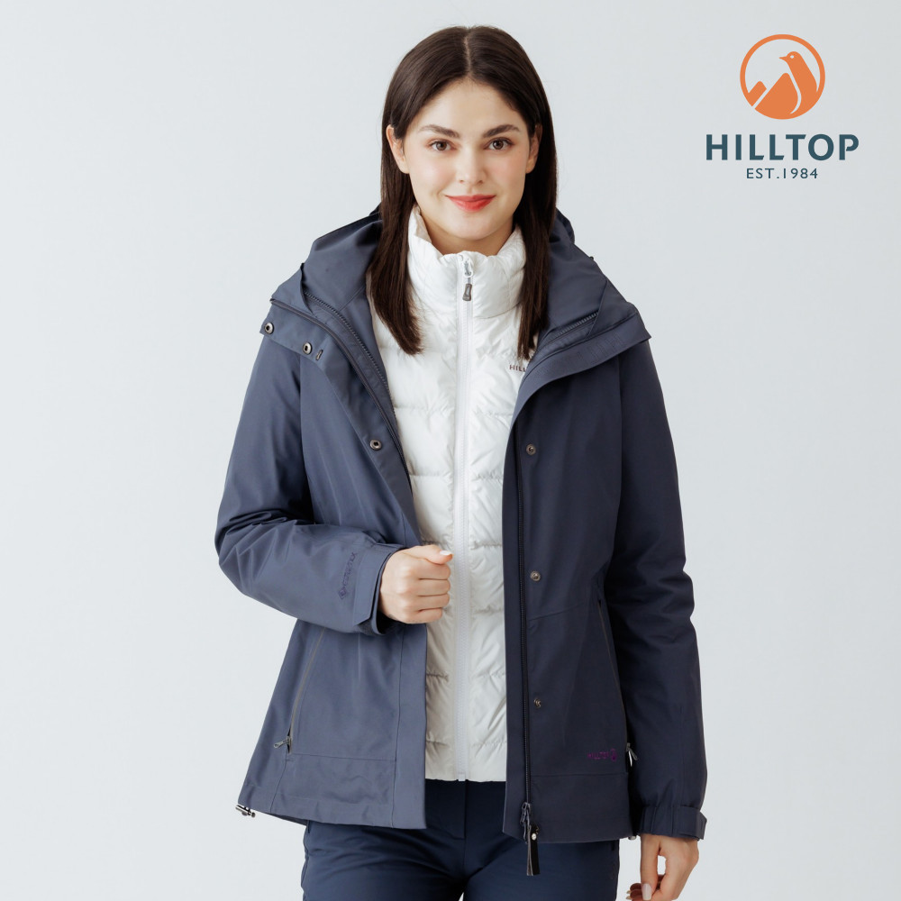 【Hilltop山頂鳥】GORE-TEX單件式 施華洛世奇水鑽防水防風透氣短大衣外套(可銜接內件) 女款 灰藍 | PH22XF35ECK0