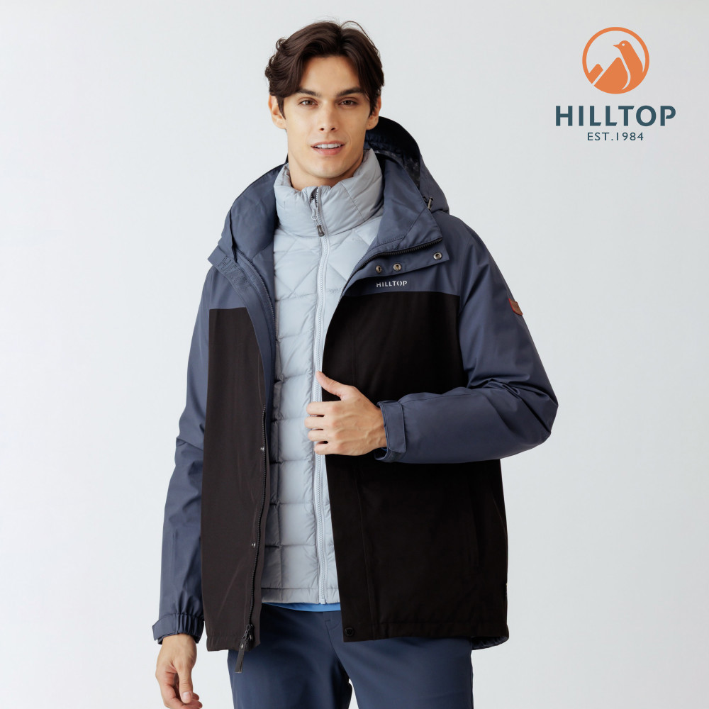 【Hilltop山頂鳥】GORE-TEX單件式 防水防風透氣短大衣外套(可銜接內件) 男款 灰藍拚黑 | PH22XM48ECKA
