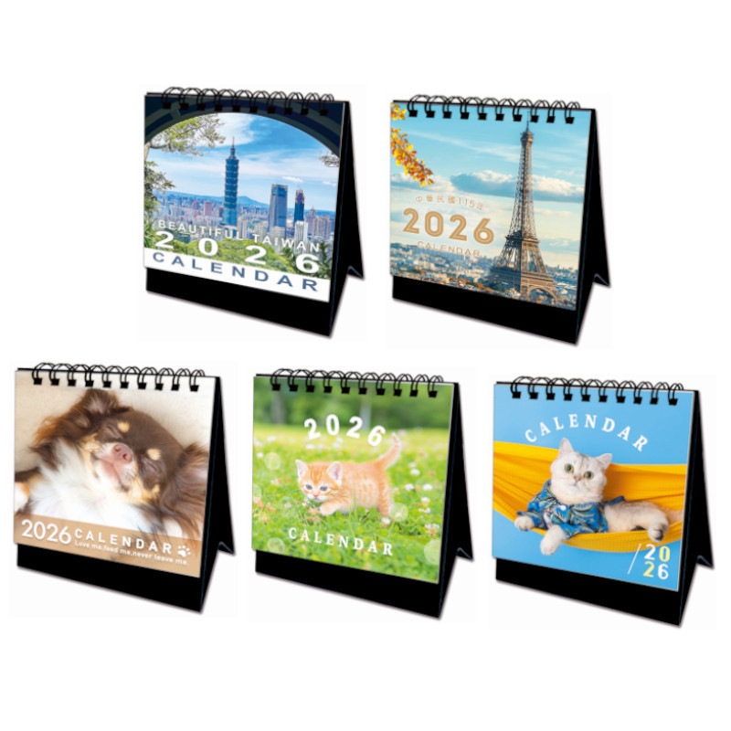 2026年 線圈小桌曆-台北101/巴黎鐵塔/長毛吉娃娃/小橘貓/短毛貓