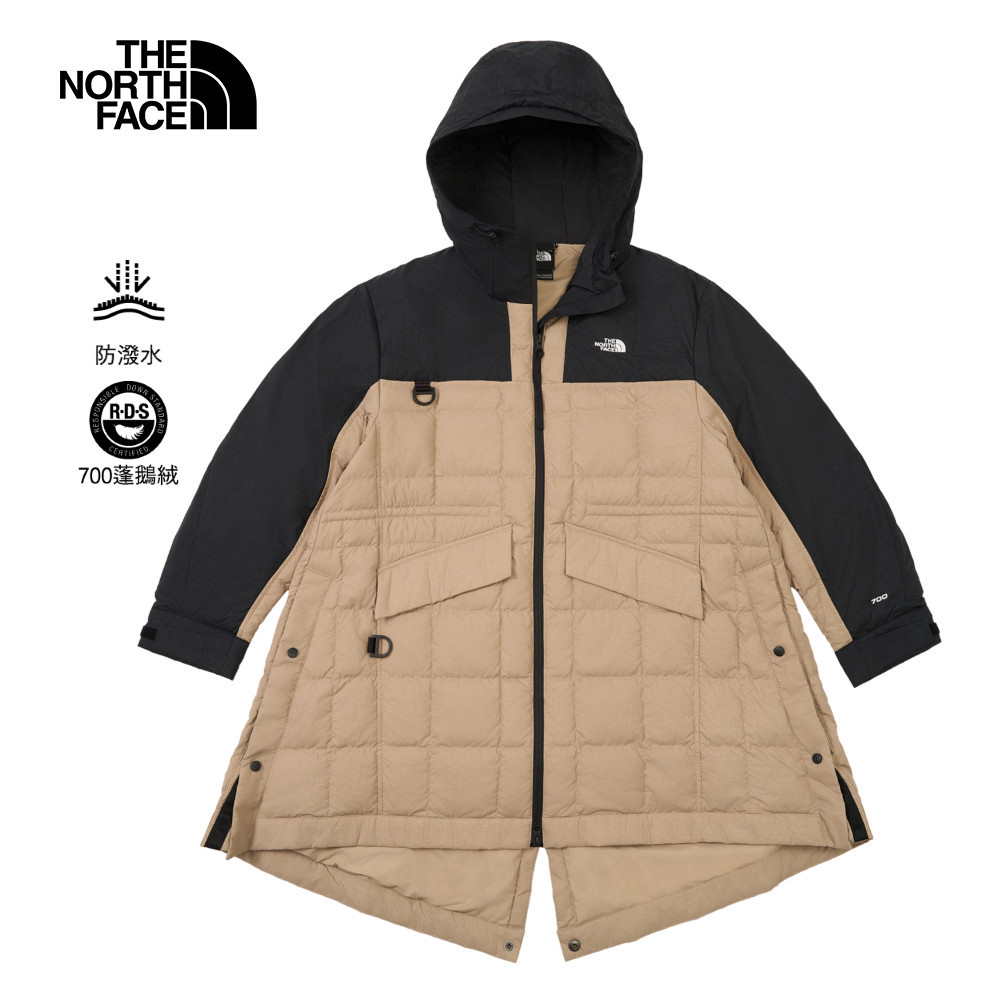 UE女款米黑拼接長版連帽外套｜8E7AEB4