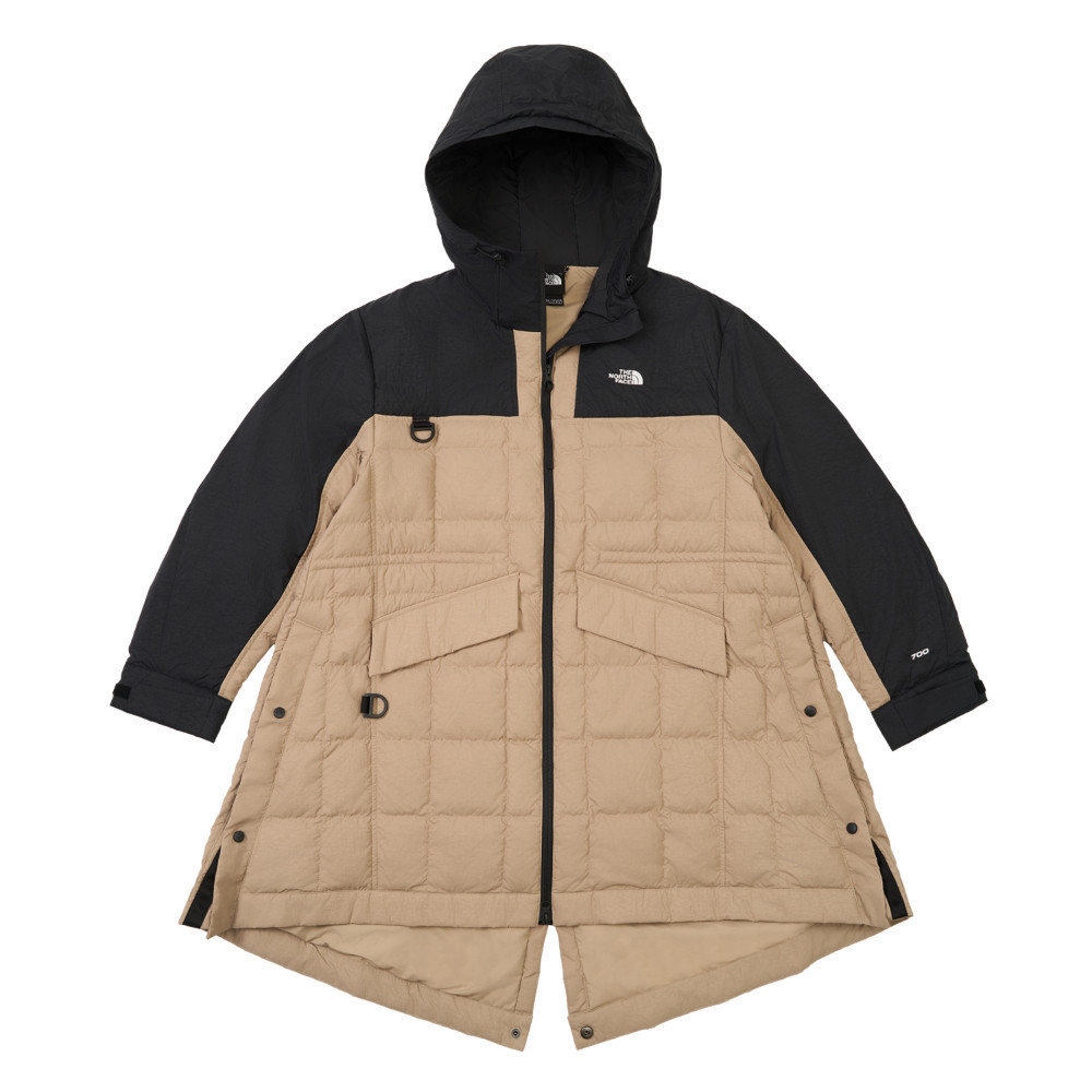 UE女款米黑拼接長版連帽外套｜8E7AEB4