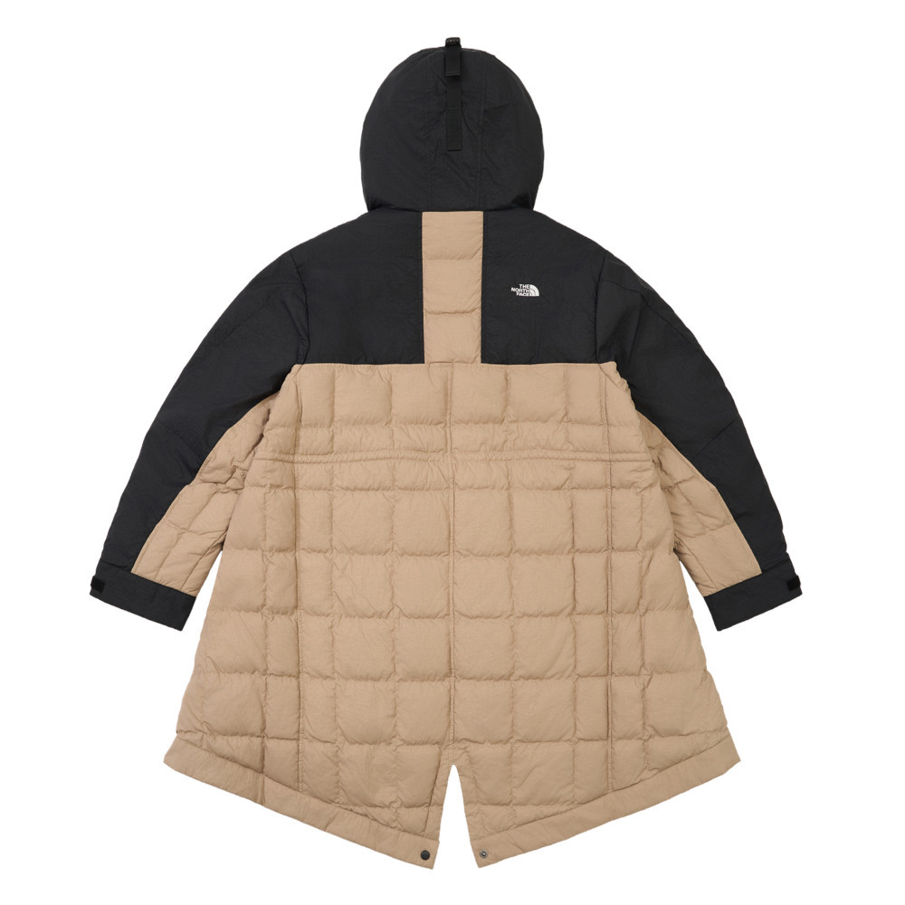 UE女款米黑拼接長版連帽外套｜8E7AEB4