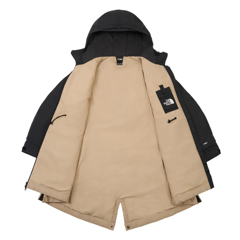 UE女款米黑拼接長版連帽外套｜8E7AEB4