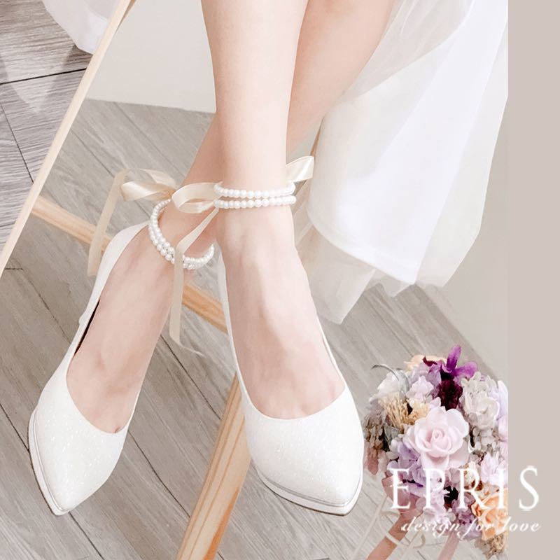 高跟鞋防掉跟｜自綁式蝴蝶結珍珠鍊(金)-CM055 優雅腳踝裝飾帶 金色蝴蝶結 蝴蝶結腳踝飾品 珍珠腳鍊 鞋子大半號（免打孔／高跟鞋適用）