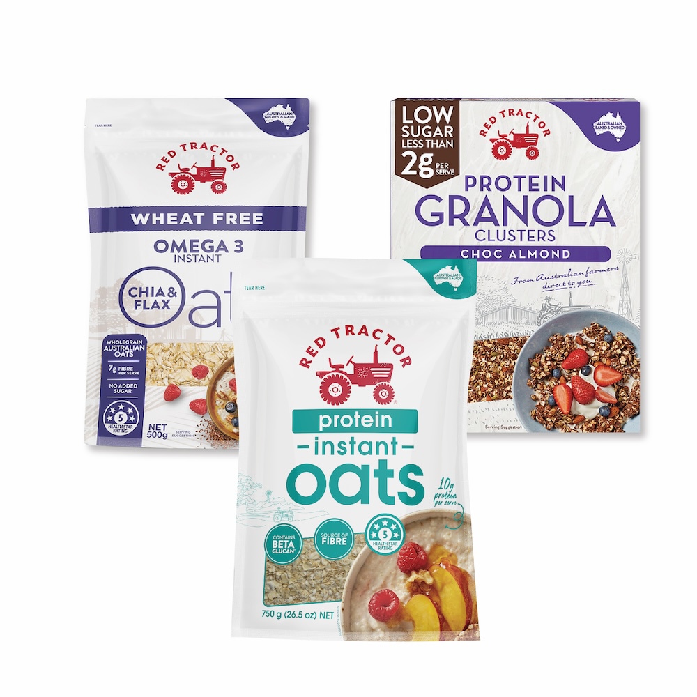 【澳洲Red Tractor紅色拖拉機】奇亞籽& 亞麻籽Omega 3 燕麥片500g( WHEAT FREE無小麥)+低糖烘烤堅果穀物燕麥片450g(巧克力杏仁)+植物蛋白燕麥片(750g/包)