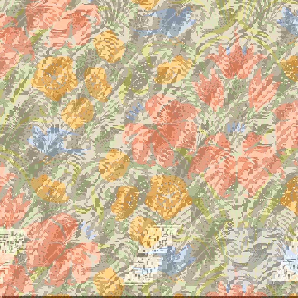 【2026年春夏新品預購】Tilda Songbird 鳴鳥棉布: 珊瑚紅色鳴鳥棉布: 100645