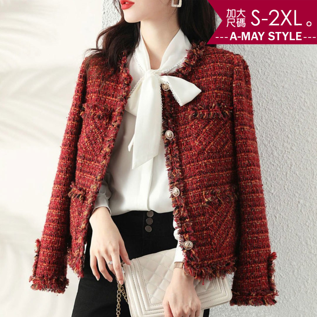 加大碼夾克 高級感復古紅混織粗花呢小香風外套。(S-2XL)【XCC251094】＊艾美時尚(現 預)