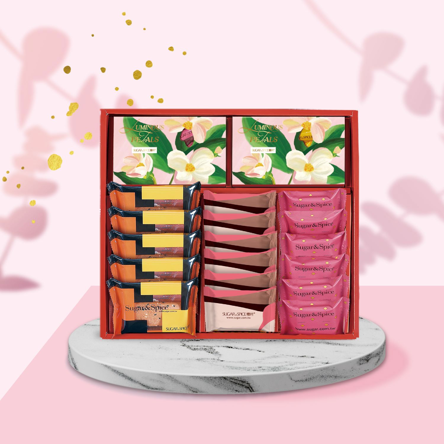 【糖村】繽紛花賞 U601(法式牛軋糖12入+太妃牛軋糖12入+原味薄捲餅5入+牛軋餅-蔥鹽風味6入+經典鳳梨酥6入)(預購10個工作天)