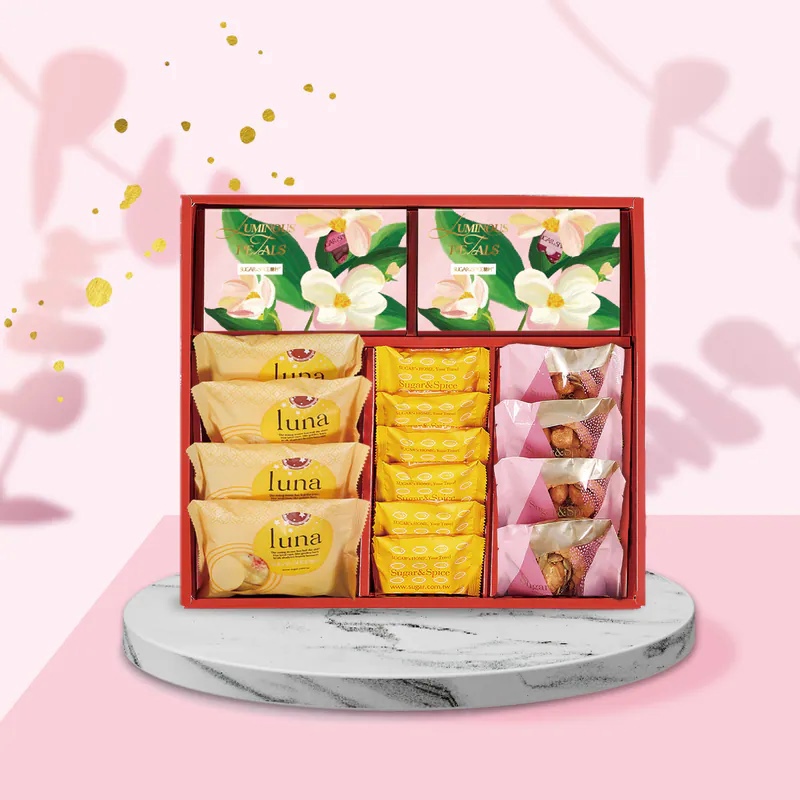 【糖村】繽紛花賞 U602 (法式牛軋糖12入+蔓越莓多多牛軋糖12入+經典原味太陽餅4入+芝士鳳梨酥6入+夏威夷豆豆塔4入)(預購10個工作天)