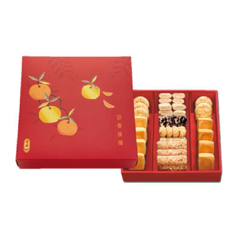 【奇華餅家】喜迎春禮盒(原味貢糖80g+海苔貢糖80g+南棗核桃糕120g+小核桃酥2入(3片/入)+菊花奶酥1入(8片/入)+杏仁千層酥2入(2片/入)+鳳梨金酥4入+金桔檸檬酥4入)(春節禮盒)