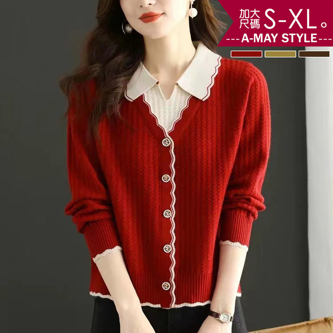 加大碼 針織衫 假兩件甜美翻領坑條感拼色針織上衣(S-XL)【XLG2512L45】＊艾美時尚(現 預)