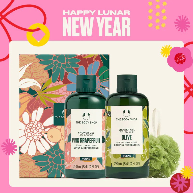 【THE BODY SHOP】福氣沐浴組 (橄欖沐浴膠-250ML+葡萄柚活力沐浴膠-250ML  贈潔膚沐浴球+禮盒)