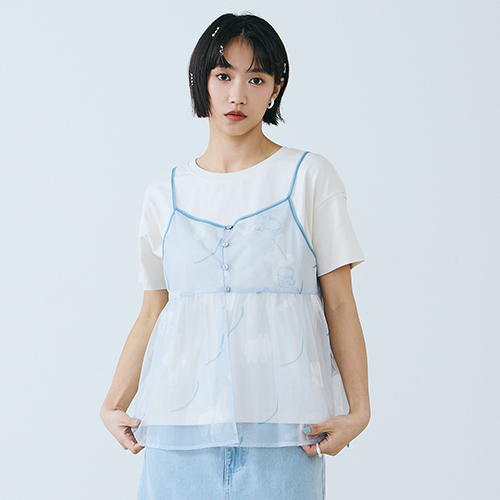 【E WEAR.FAVVI x yohand studio】飄浮-2Way細肩透紗印花背心(淺灰)