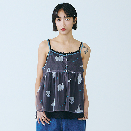 【E WEAR.FAVVI x yohand studio】飄浮-2Way細肩透紗印花背心(深灰)