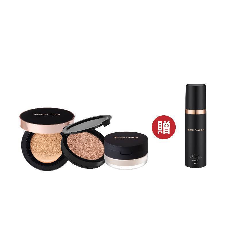 【VINCENT'S WORLD】還我水水組(超雷氣墊粉餅+氣墊粉餅替換蕊+浮誇防水蜜粉+超雷魔鏡霜)(女王節DM商品)