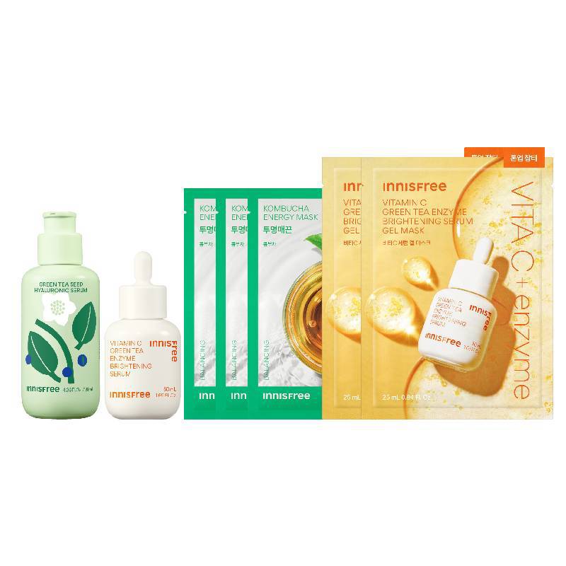 【INNISFREE】維他命C夏日清爽保濕組(維他命C淨亮精華50ml+綠茶籽玻尿酸保濕精華加大容量130ml+維他命C淨亮精華果凍面膜*2+我的真萃能量面膜康普茶*3+綠茶精華10ml*3)(女王節DM商品)