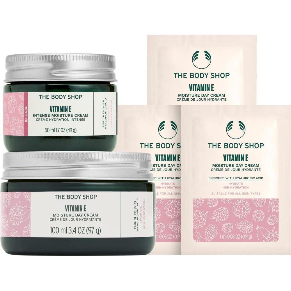 【THE BODY SHOP】維E保水囤貨組  (維他命E保水日霜-100ml*1+任1 日霜50ml/晚霜50ml/保濕霜50ml/凝膠50ml/修護霜50ml/晚安凍膜-75ml  贈維他命E日霜-1ml*3)