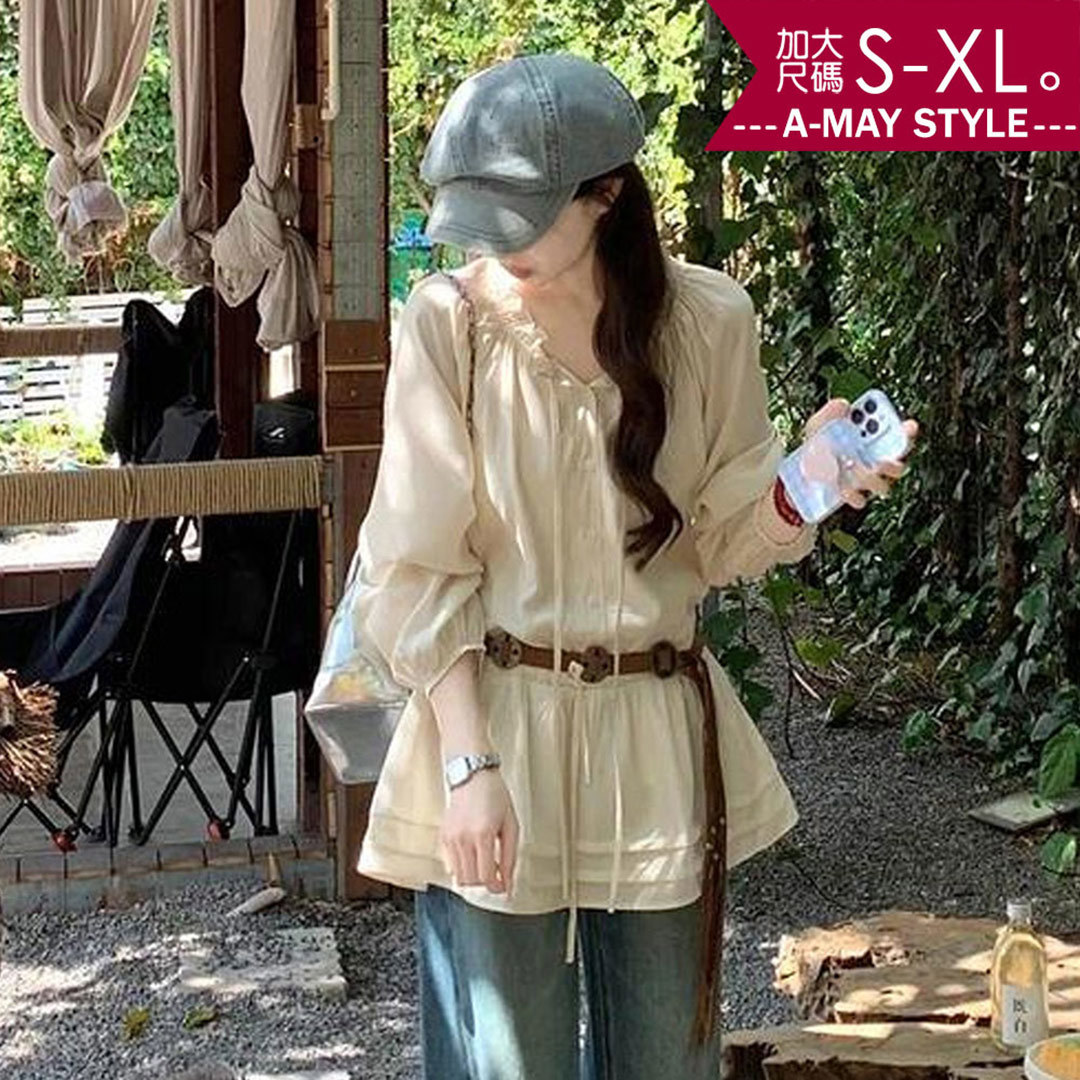 加大碼 襯衫 法式甜美木耳領抽繩收腰小裙襬上衣(S-XL)【XSM260395】＊艾美時尚(現 預)