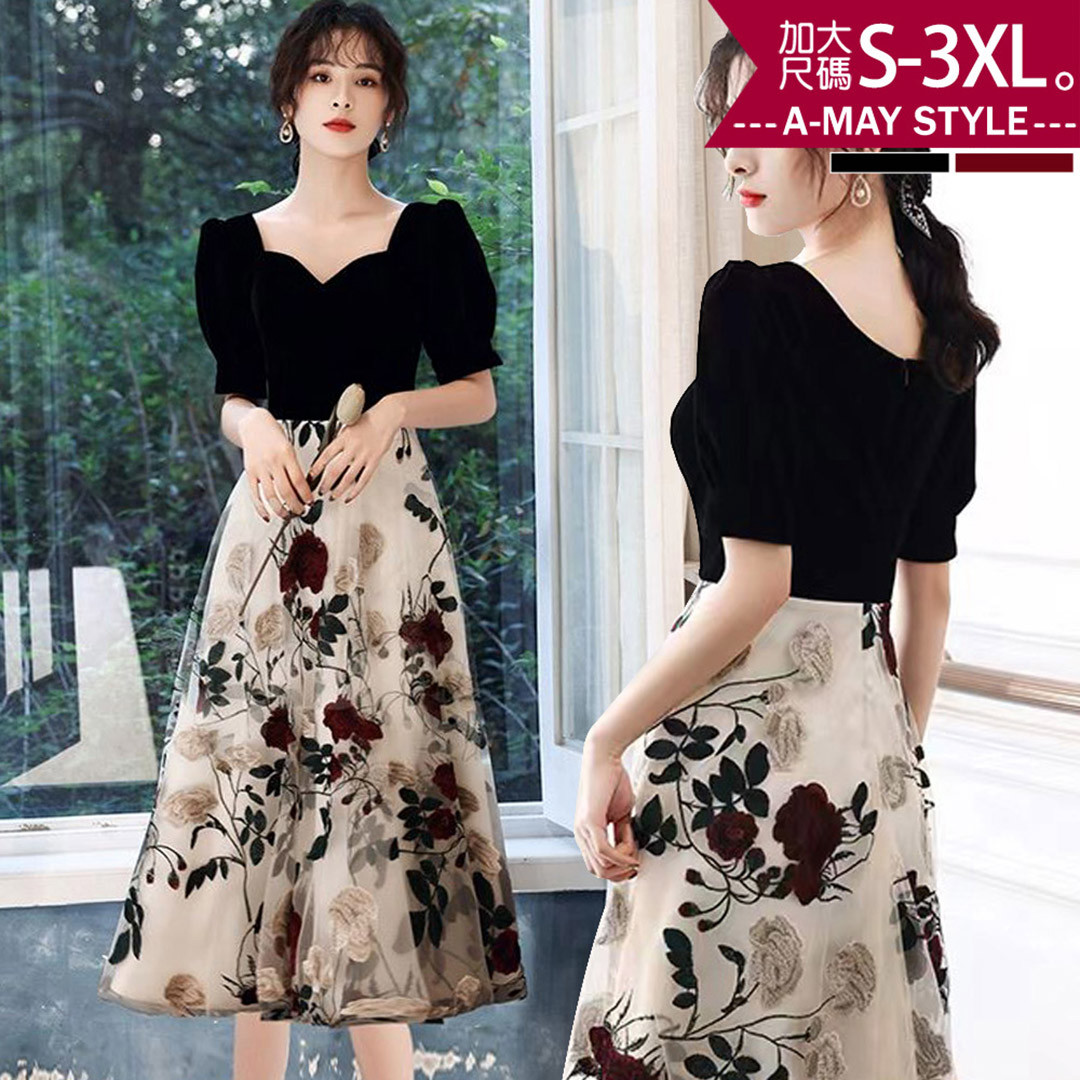 加大碼 宴會禮服 歐美宮廷風織花紗裙連身洋裝(S-3XL)【XHC2603119】＊艾美時尚(現 預)