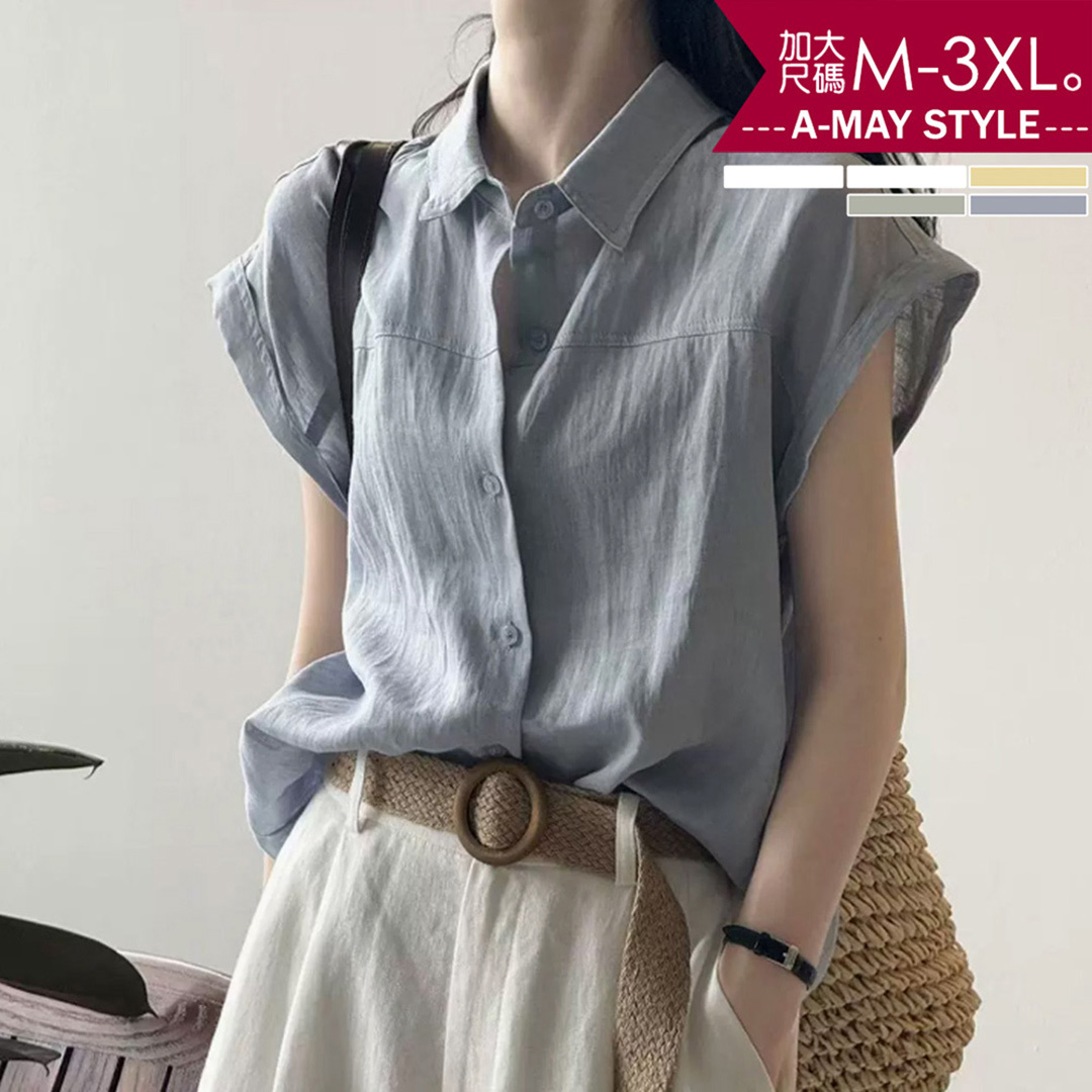 加大碼 上衣 率性時髦休閒棉麻感短袖襯衫(M-3XL)【XCS2604S16】＊艾美時尚(現 預)