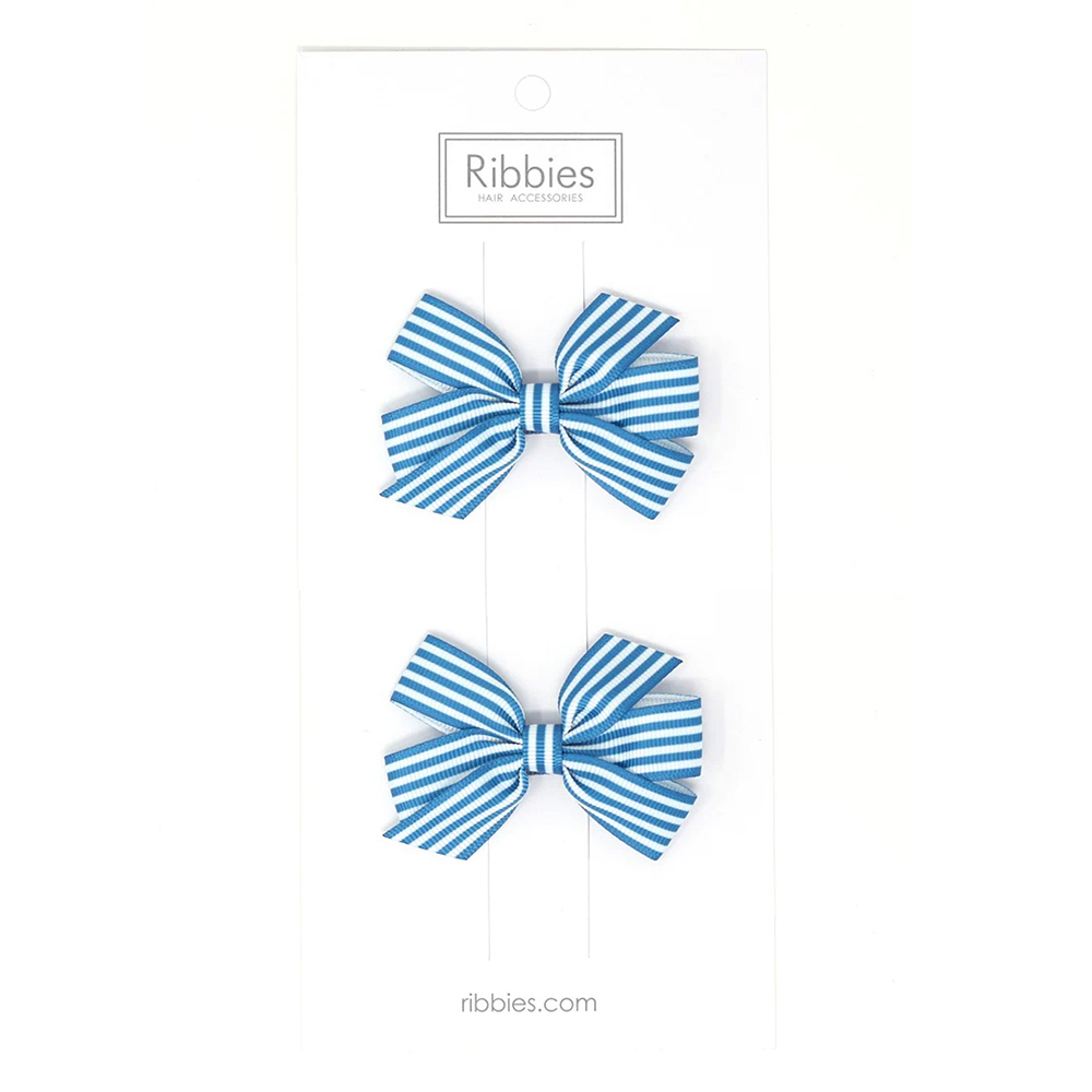 英國Ribbies 條紋中蝴蝶結2入組-土耳其藍