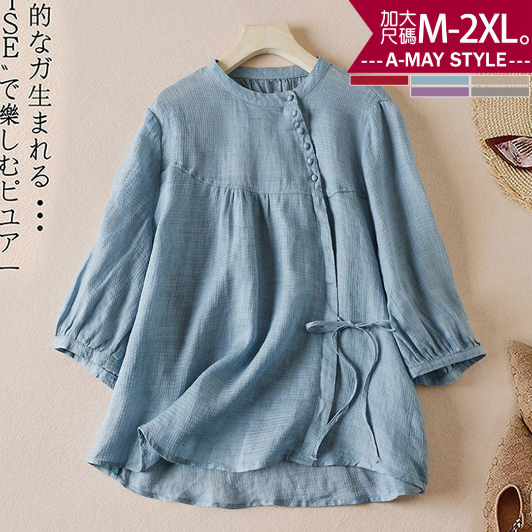 加大碼 襯衫 質感亞麻風綁帶造型七分袖上衣(M-2XL)【XAM260430】＊艾美時尚(現 預)