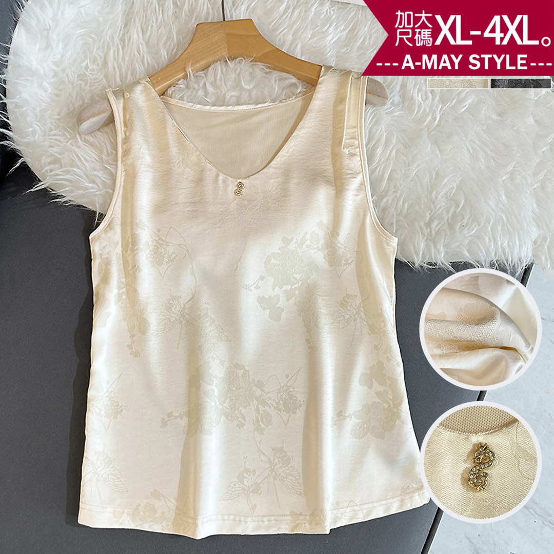 加大碼 無袖上衣 蝶戀質感印花親膚緞面V領背心(XL-4XL)【XKL260425】＊艾美時尚(現 預)
