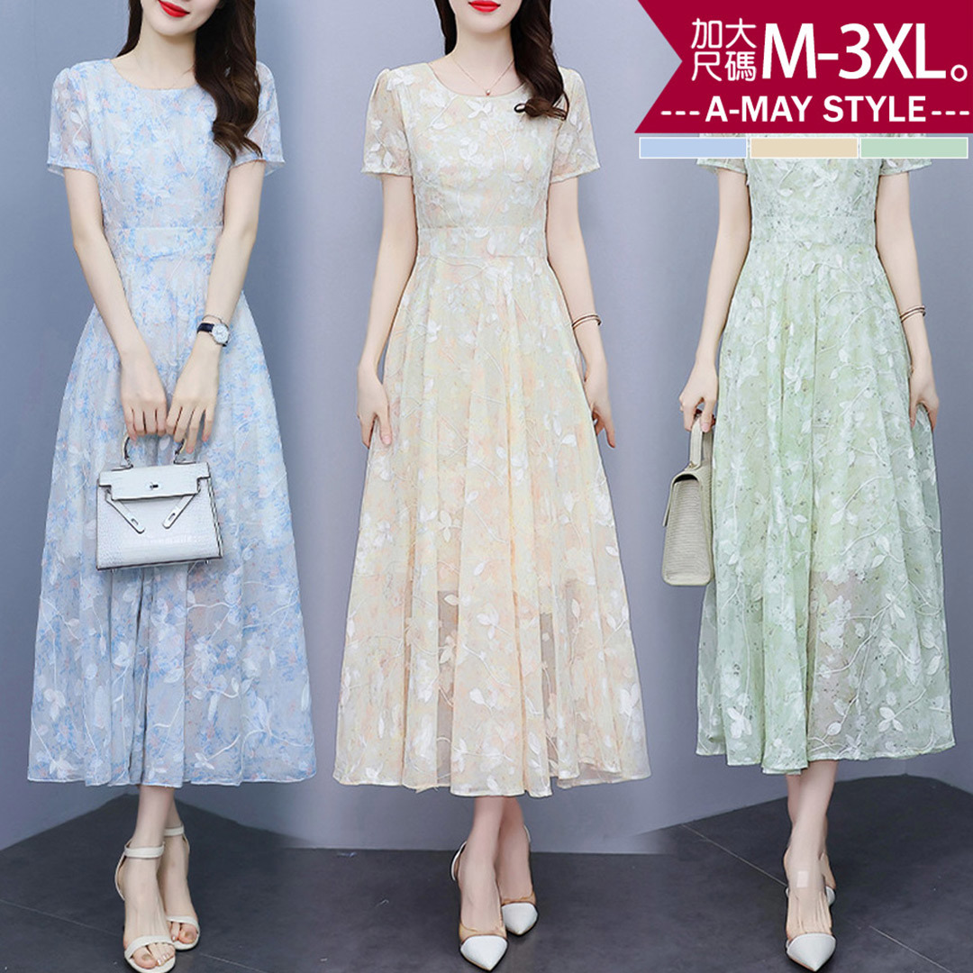 加大碼 連身裙 優雅碎花雪紡收腰顯瘦連身長洋裝。(M-3XL)【XLM260551】＊艾美時尚(現 預)