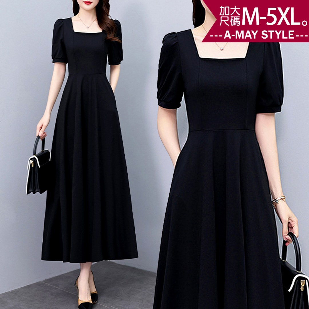 加大碼 連身裙 赫本風顯瘦收腰雙口袋連身長洋裝(M-5XL)【XLM260553】＊艾美時尚(現 預)