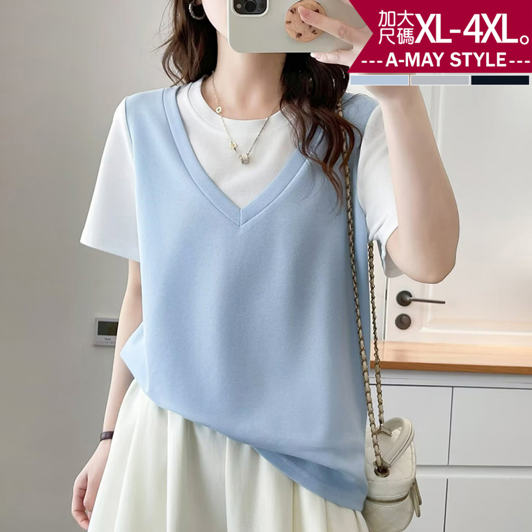 加大碼 上衣 學院風休閒撞色感假兩件式短袖T恤(XL-4XL)【XPN260634】＊艾美時尚(現 預)